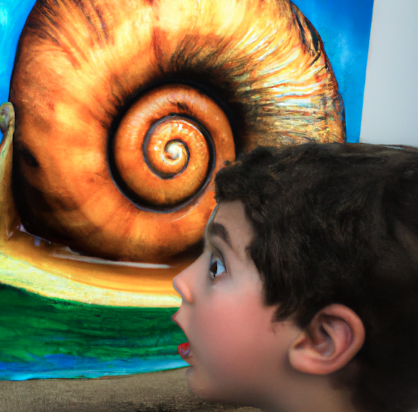 Un niño asombrado mira la espiral que se forma en la concha de un caracol