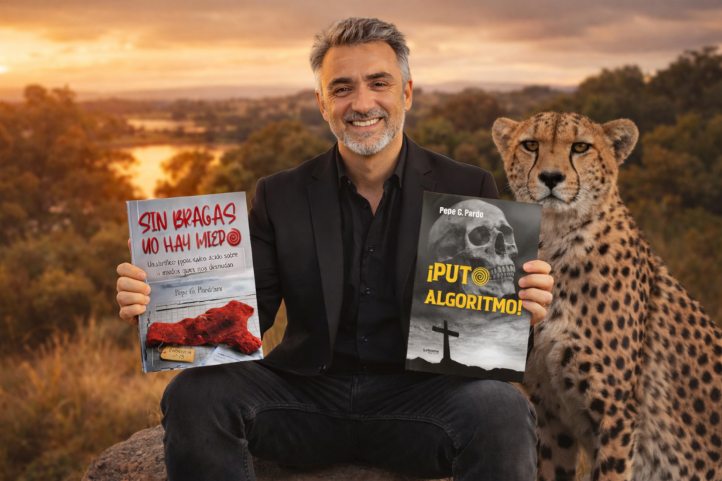 Imagen de Pepe G. Pardo con un traje negro. Está sentado en el campo y a su lado hay un Guepardo. Sostiene el libro Sin bragas no hay miedo en su mano derecha y en la otra un ejemplar de ¡Puto algoritmo!