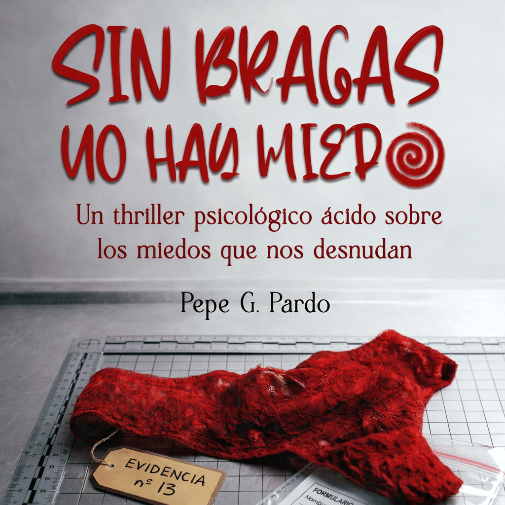 Portada del audiolibro Sin bragas no hay miedo. Además del título aparecen unas bragas rojas como evidencia policial sobre una mesa forense.