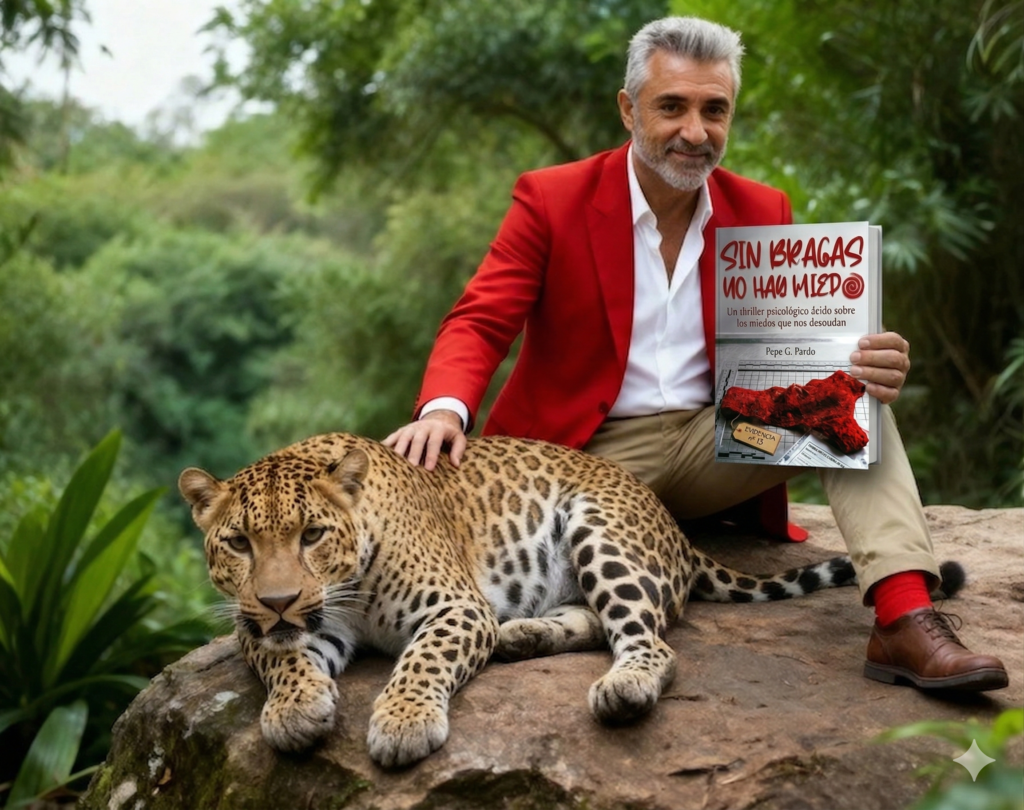 El autor del libro Sin bragas no hay miedo, Pepe G. Pardo con el libro y un guepardo