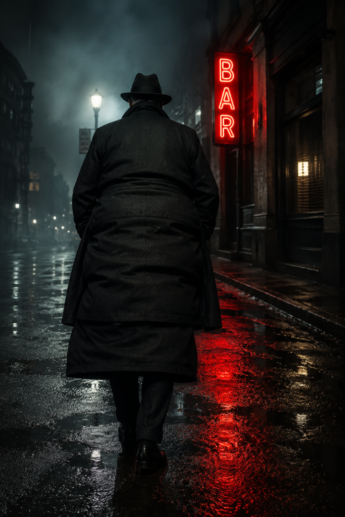 Un hombre vestido de negro con una gabardina y un sombrero camina de espaldas por una calle oscura
