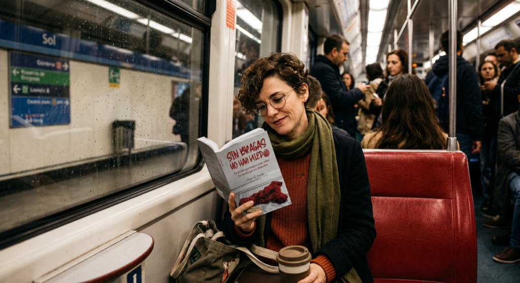 Una chica viaja en el metro mientras va leyendo el libro Sin bragas no hay miedo.