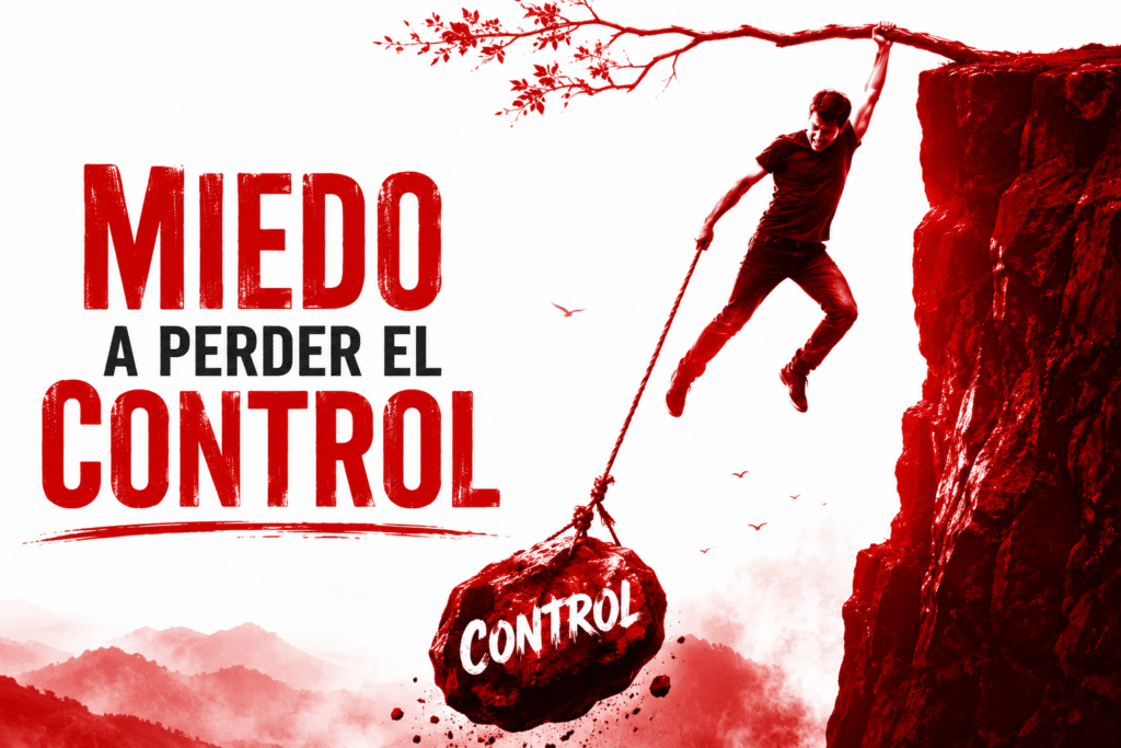 Una persona cuelga de un precipicio cogido a una rama con una mano, con la otra sujeta con una cuerda una tremenda piedra en la que pone control.