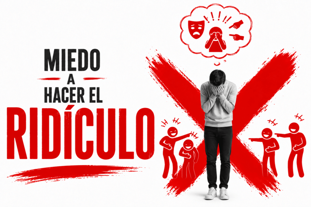 Una persona se tapa la cara mientras otras se rien de ella junto a unas letras que dicen: Miedo al ridículo