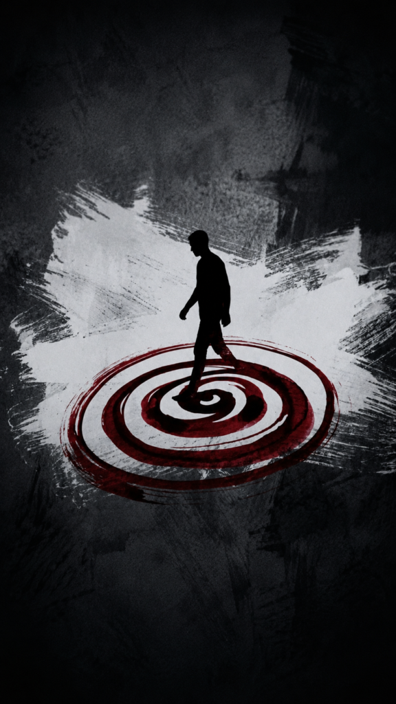 Silueta oscura de un hombre caminando de perfil sobre una gran espiral roja pintada con trazo grueso. El fondo es de textura abstracta y grunge, con una mancha blanca central que resalta la figura sobre un entorno gris oscuro y negro.
