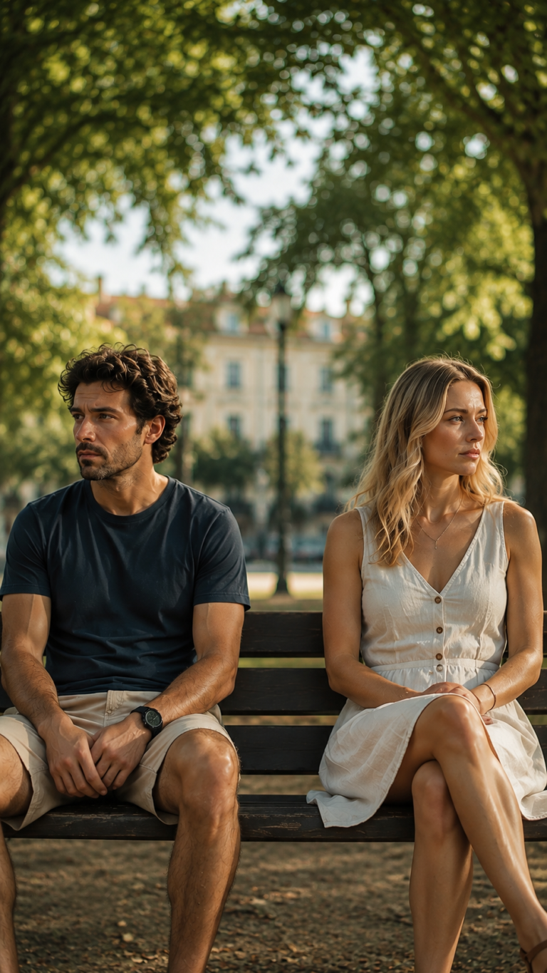 Una pareja está pensado si De verdad saben si su pareja le es infiel. Están sentados en un banco sin mirarse.